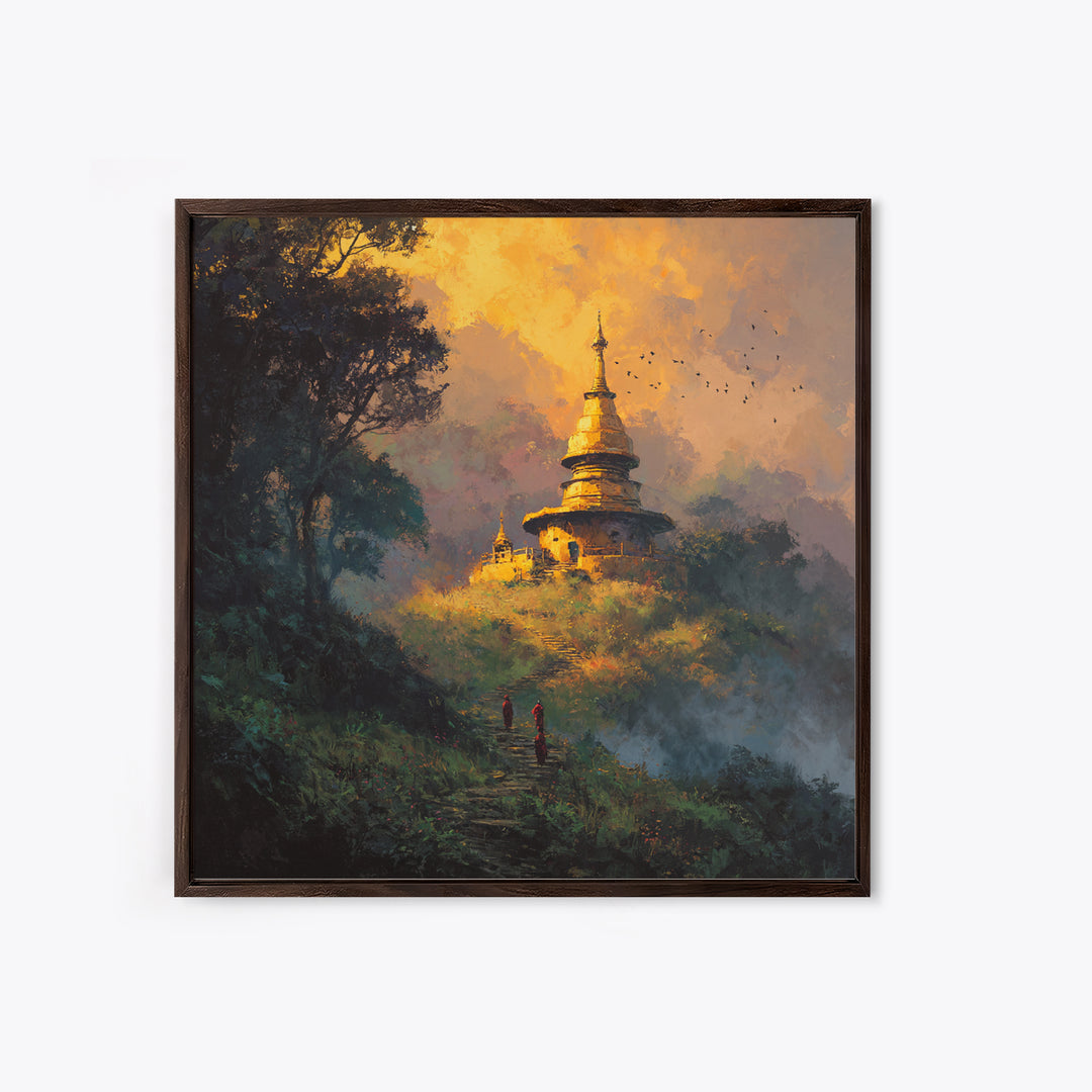 Golden Temple On Hill With Monks Walking Misty Path Wall Art Framed Canvas Print For Spiritual Home Decor