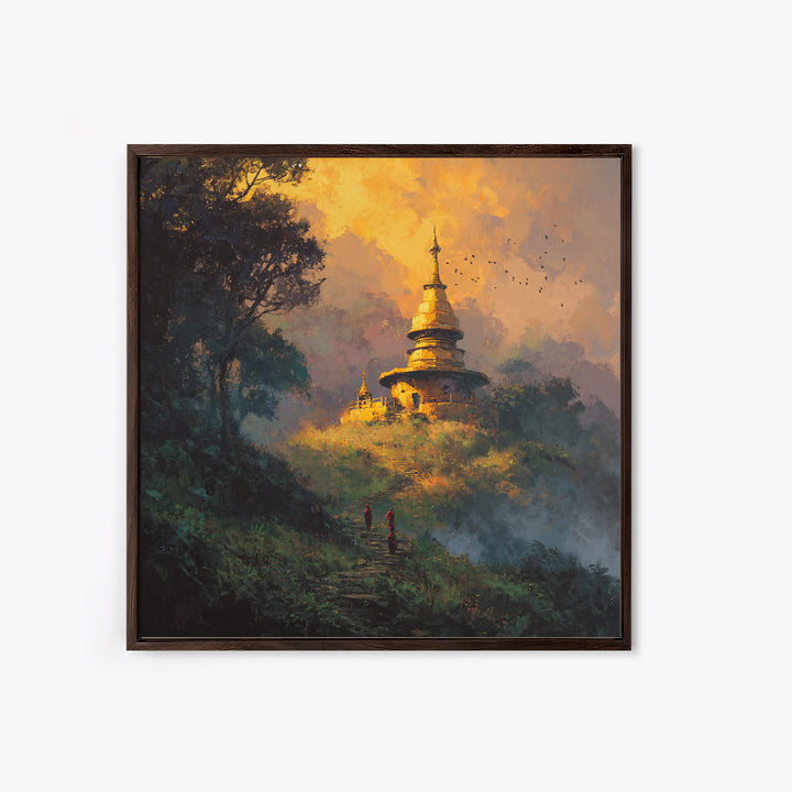Golden Temple On Hill With Monks Walking Misty Path Wall Art Framed Canvas Print For Spiritual Home Decor
