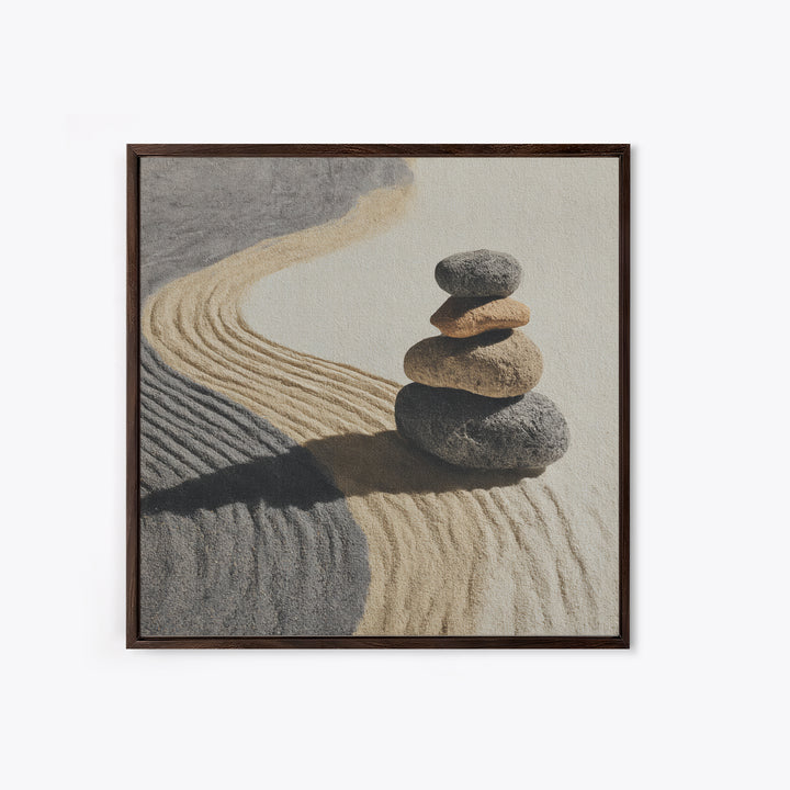 Zen Stones In Raked Sand Minimalist Wall Art, Neutral Abstract Canvas Print For Calming Modern Home Decor Living Room