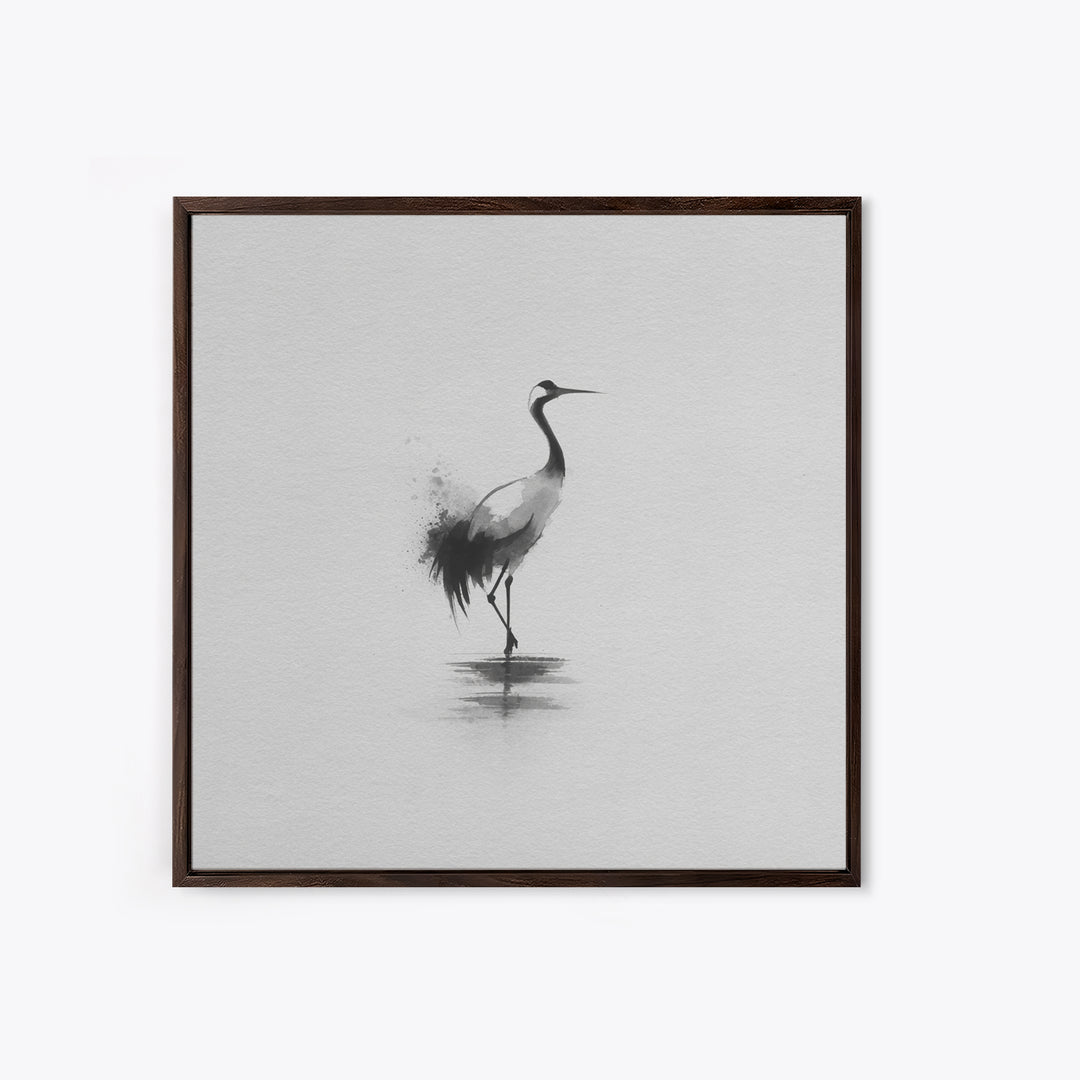 Minimal Japanese Crane Ink Wall Art, Black And White Bird Painting Canvas Print, Zen Nature Decor For Modern Home