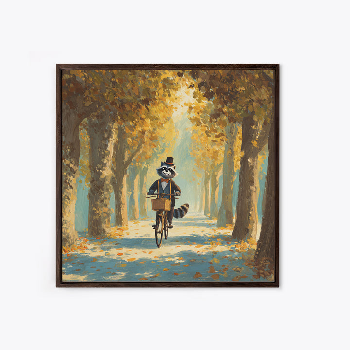 Whimsical Raccoon Riding Bicycle Wall Art, Cozy Autumn Woodland Animal Painting, Storybook Nursery Decor, Cute Kids Room Art