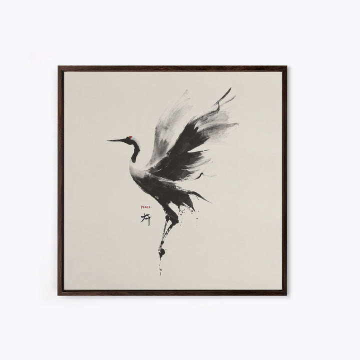 Japanese Ink Crane Bird Wall Art, Minimal Black And White Animal Canvas Print, Zen Japandi Home Decor