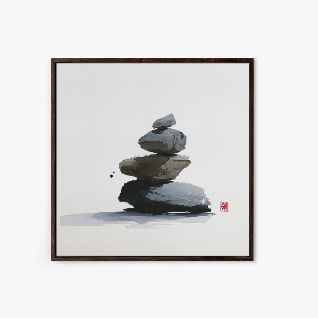 Minimal Zen Rock Stack Wall Art, Japanese Ink Stone Balance Canvas Print, Calm Japandi Home Decor