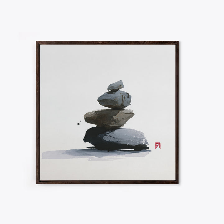 Minimal Zen Rock Stack Wall Art, Japanese Ink Stone Balance Canvas Print, Calm Japandi Home Decor