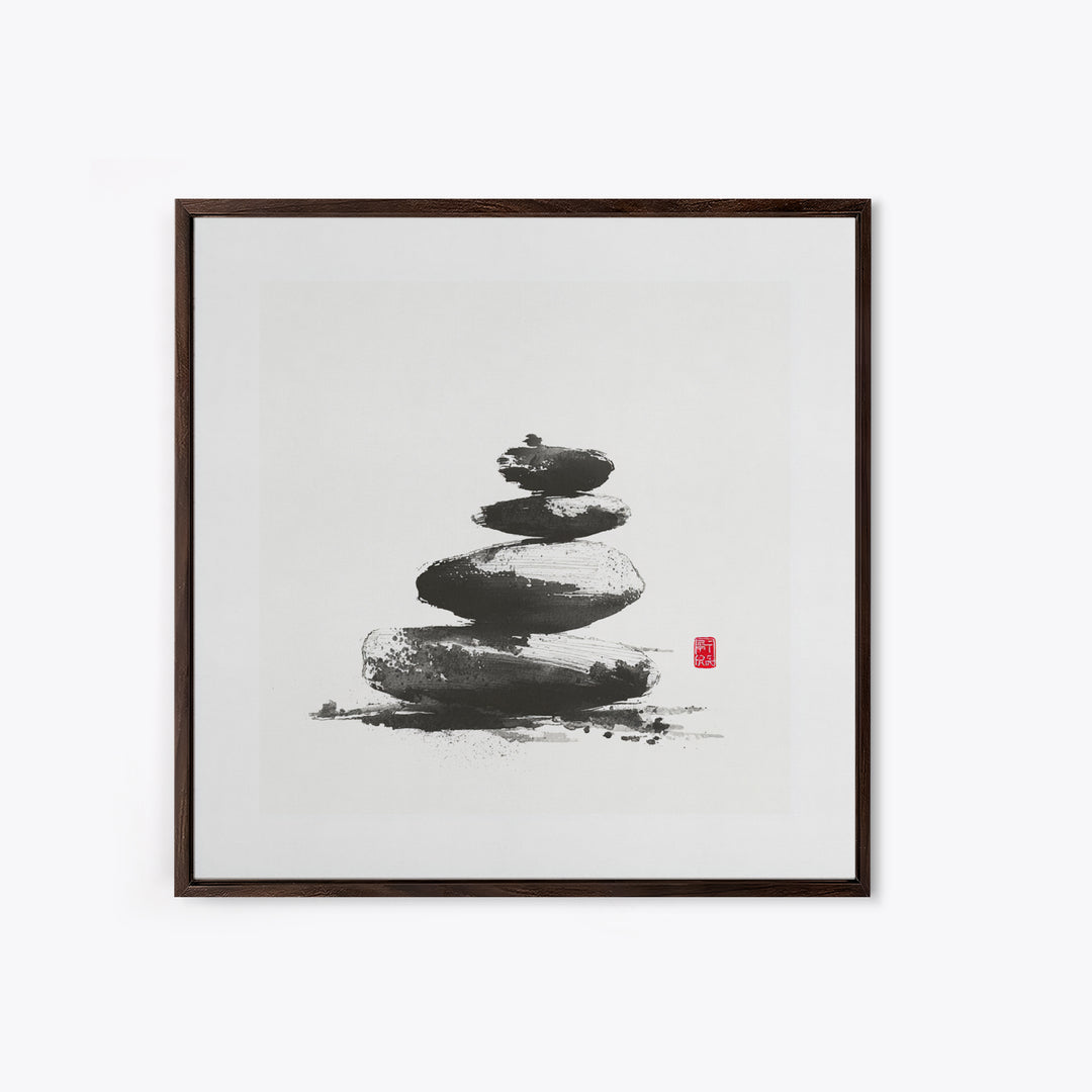Zen Stone Stack Wall Art, Minimal Japanese Ink Rock Painting Canvas Print, Calming Spa Bathroom And Yoga Decor