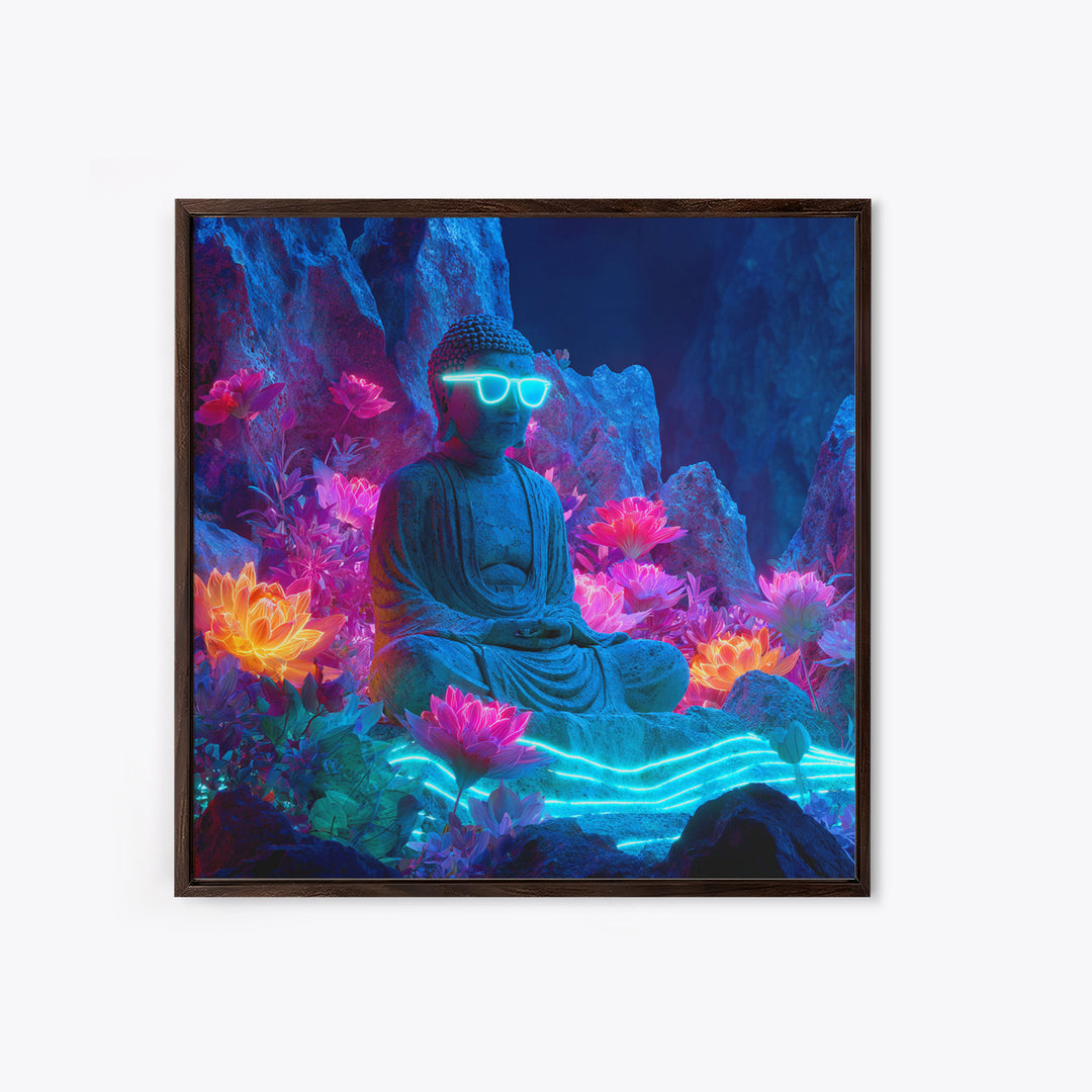 Neon Buddha Lotus Garden Canvas Print, Glowing Meditation Wall Art, Psychedelic Spiritual Decor For Yoga Room Or Boho Home