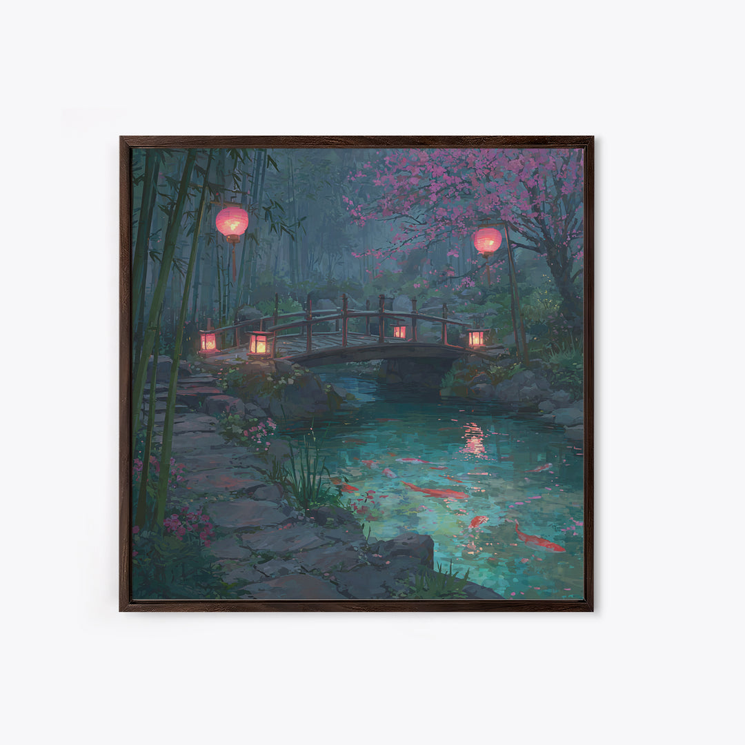 Serene Japanese Garden With Koi Fish And Lanterns Wall Art For Tranquil Home Decor Framed Canvas Print