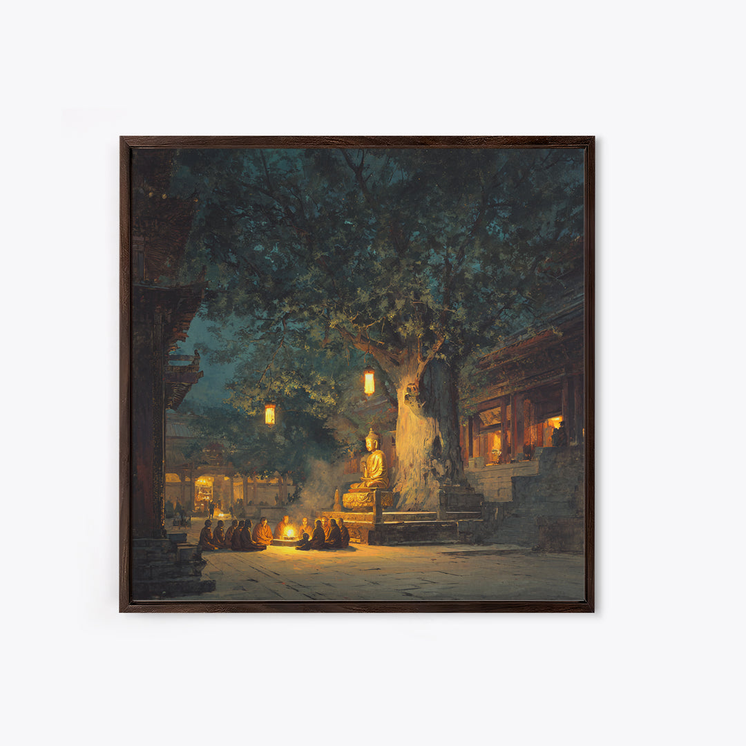 Moonlit Temple Gathering Wall Art, Mystical Night Buddha Landscape Canvas Print, Moody Spiritual Home Decor