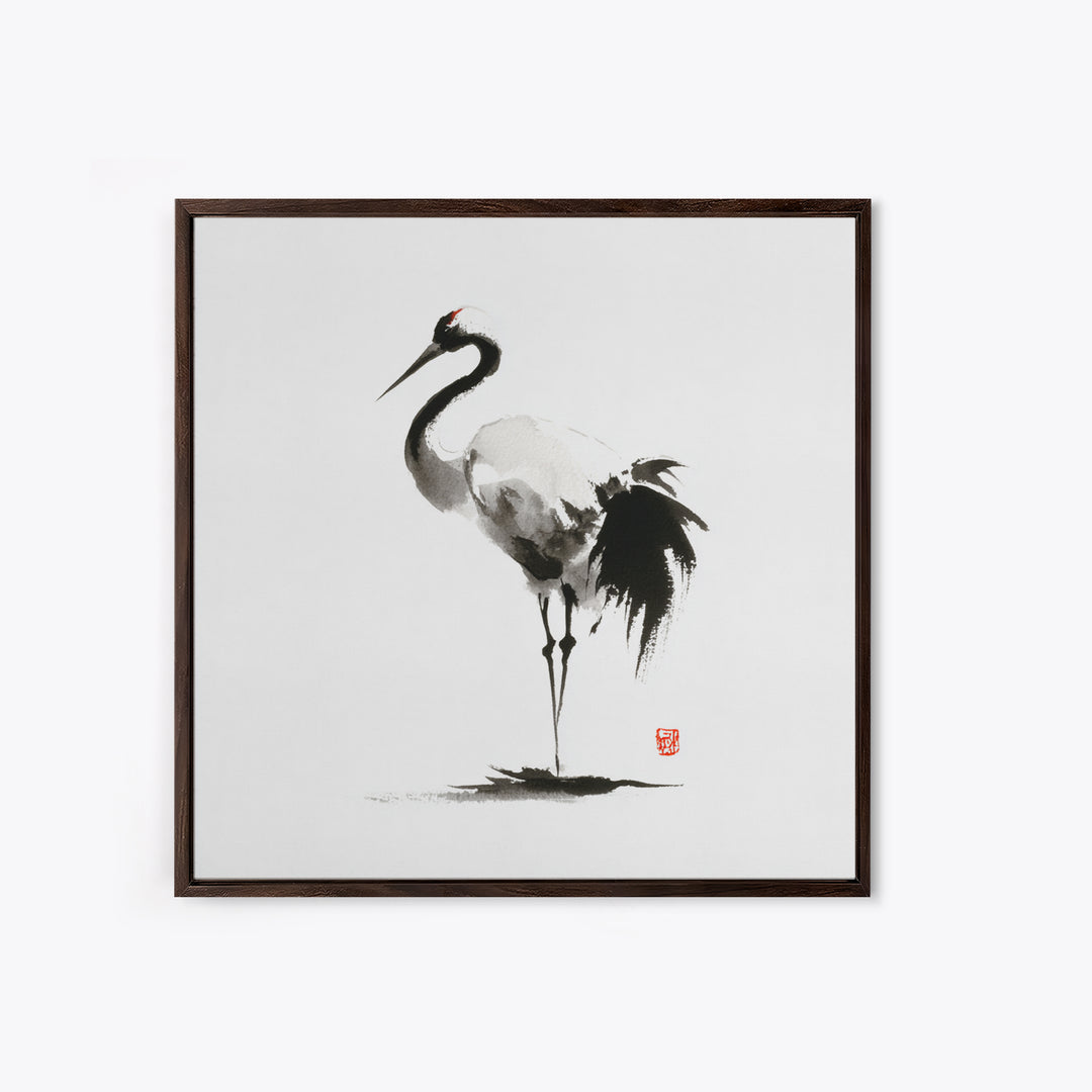 Minimalist Crane Ink Painting Wall Art Print, Japanese Zen Decor, Black And White Art, Japandi Wall Art, Modern Home Decor