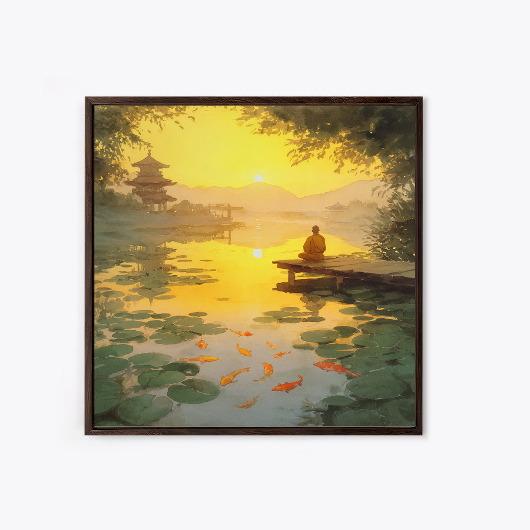 Golden Sunset Zen Lake With Koi And Temple Landscape Wall Art, Peaceful Japanese Decor Framed Canvas Print