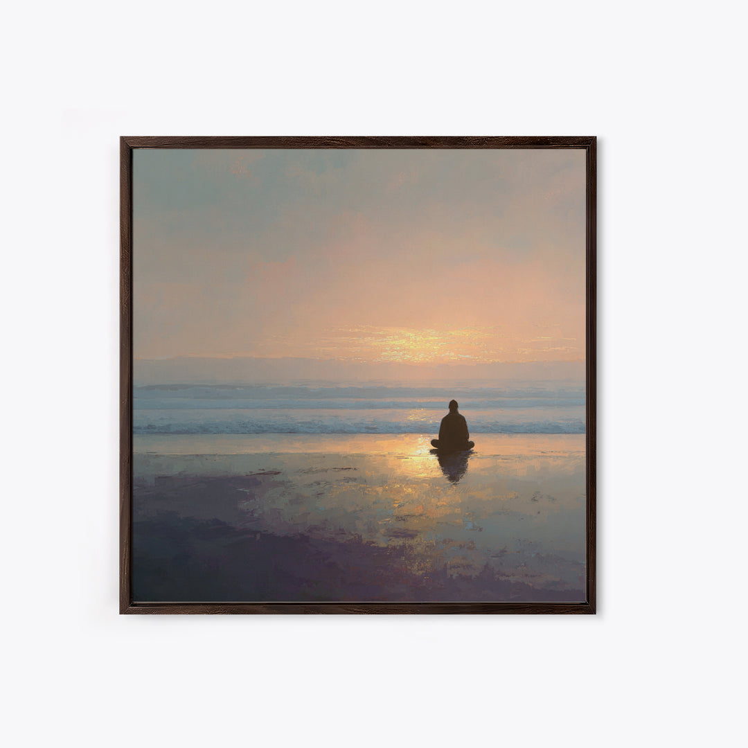 Meditation On Beach At Sunrise Wall Art, Minimalist Zen Seascape Canvas Print For Calming Bedroom Or Yoga Room Decor
