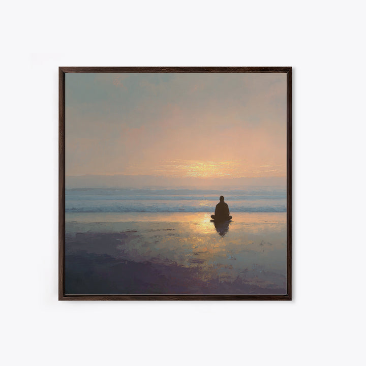 Meditation On Beach At Sunrise Wall Art, Minimalist Zen Seascape Canvas Print For Calming Bedroom Or Yoga Room Decor