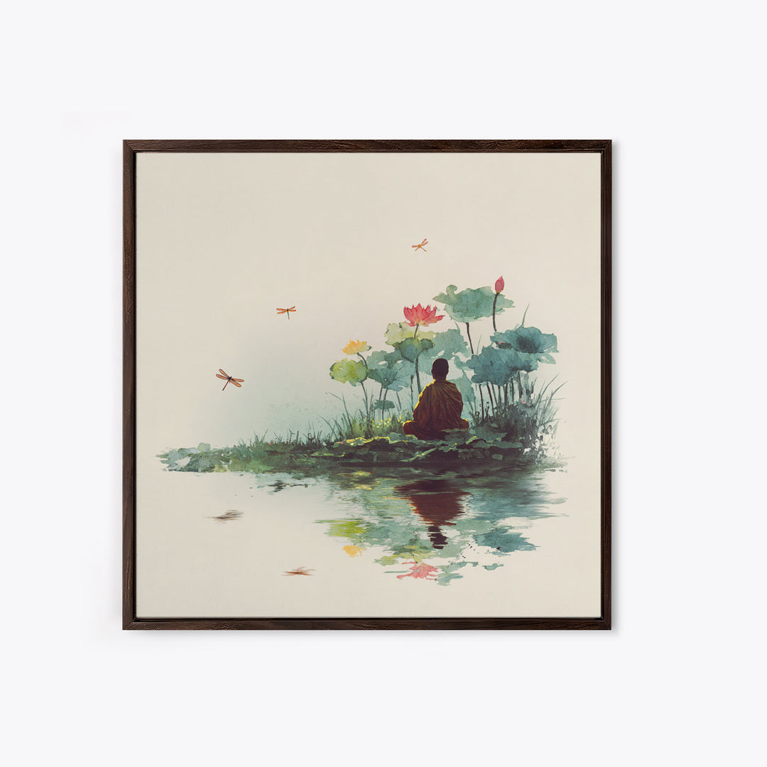 Meditation By Lotus Pond Wall Art, Peaceful Watercolor Landscape, Zen Mindfulness Decor, Yoga Studio Framed Canvas Print