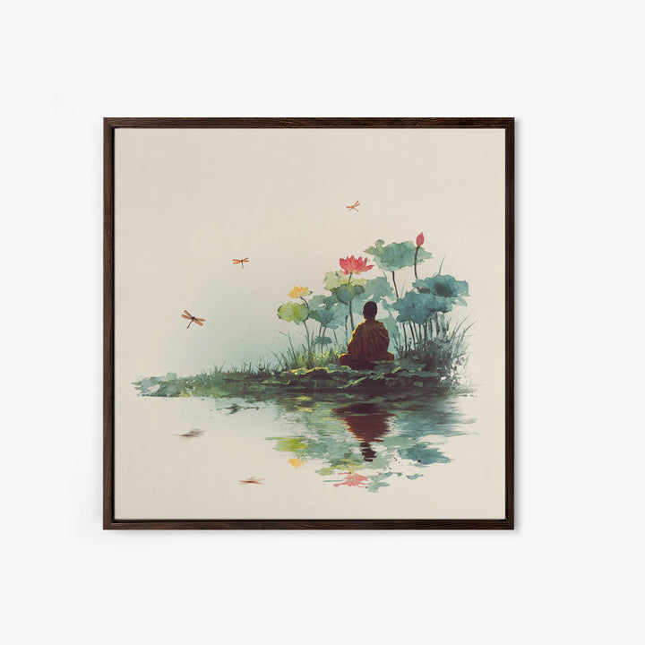Meditation By Lotus Pond Wall Art, Peaceful Watercolor Landscape, Zen Mindfulness Decor, Yoga Studio Framed Canvas Print