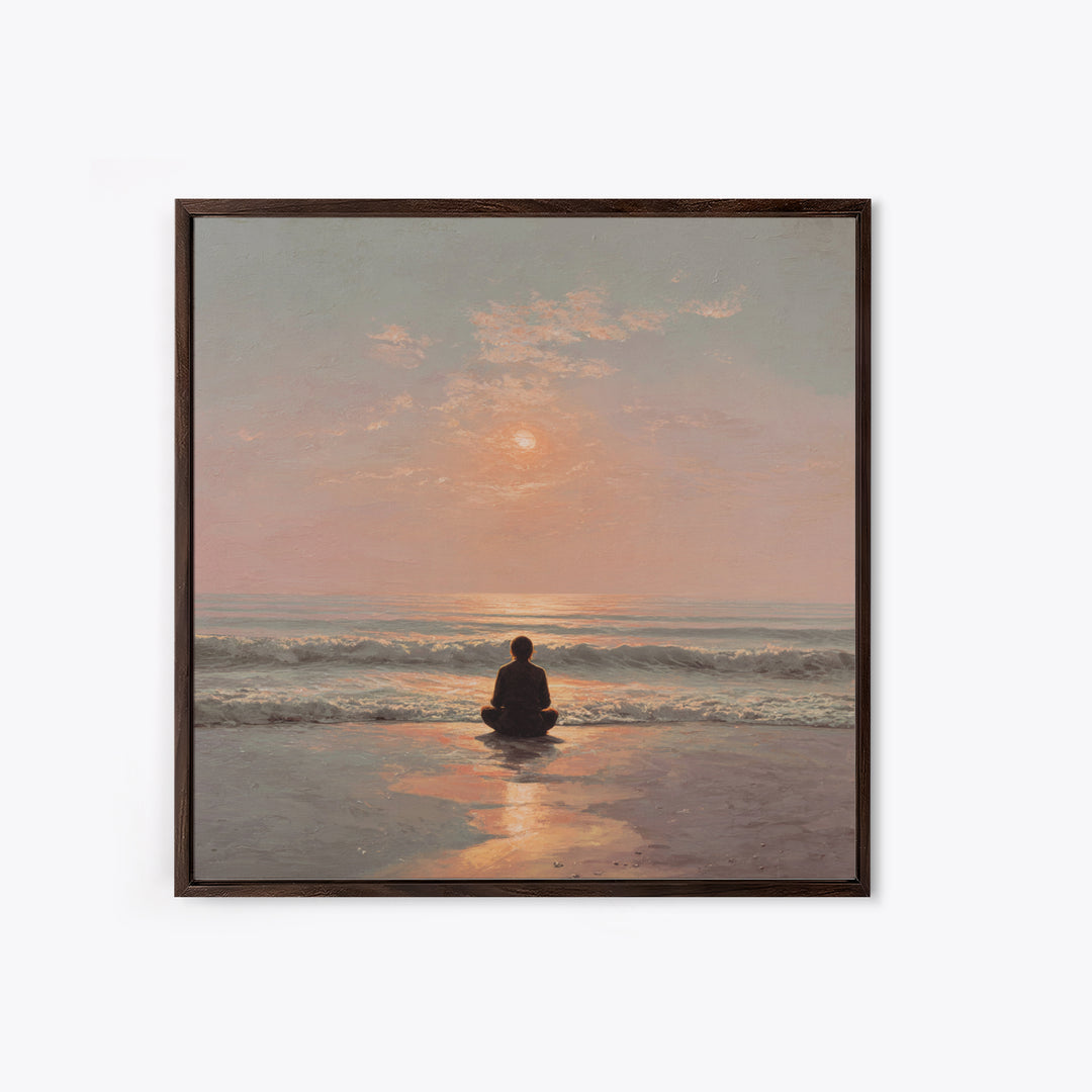 Sunset Beach Meditation Figure Wall Art, Serene Mindfulness Canvas Print, Calming Coastal Zen Bedroom Decor