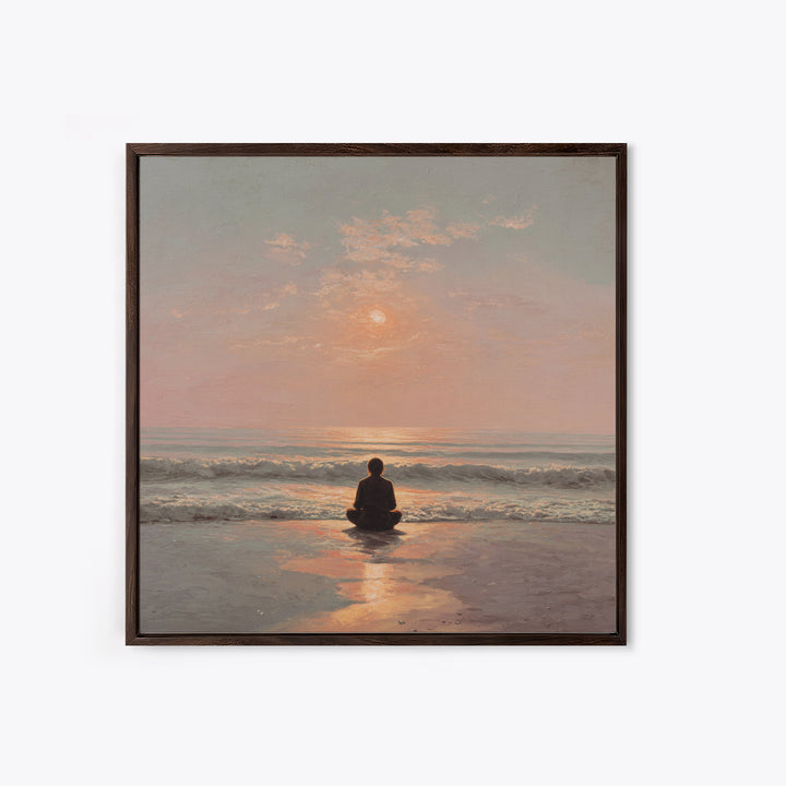 Sunset Beach Meditation Figure Wall Art, Serene Mindfulness Canvas Print, Calming Coastal Zen Bedroom Decor