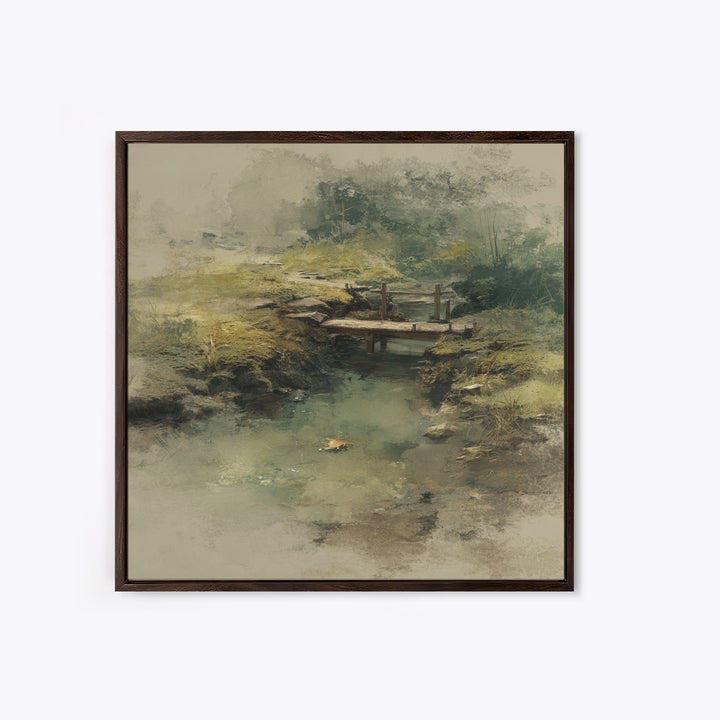 Misty Creek With Wooden Footbridge Watercolor Landscape Wall Art, Soft Nature Painting Print, Calming Home Decor Bedroom Art