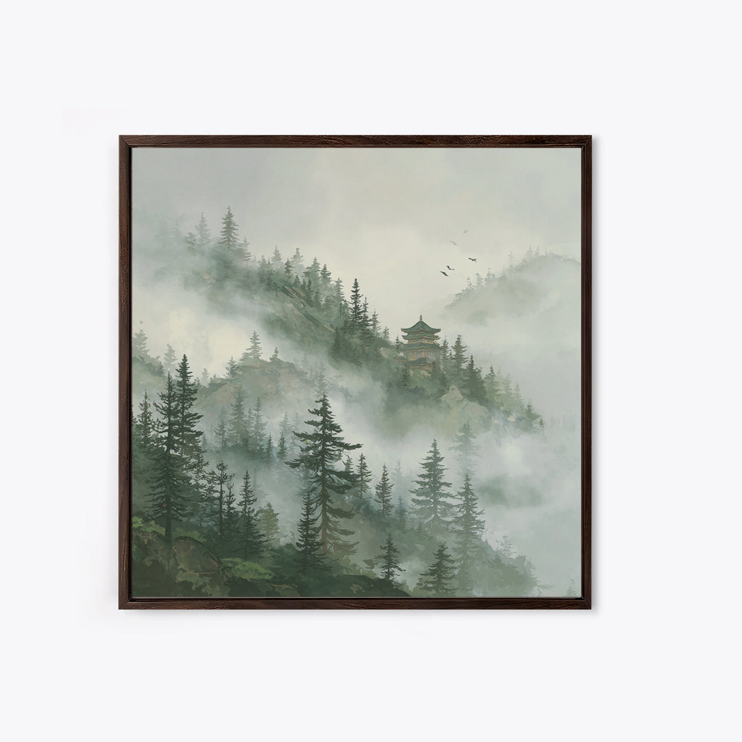 Misty Pine Forest With Distant Temple Painting Wall Art, Tranquil Mountain Landscape Print, Zen Japandi Nature Decor