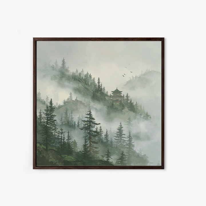 Misty Pine Forest With Distant Temple Painting Wall Art, Tranquil Mountain Landscape Print, Zen Japandi Nature Decor