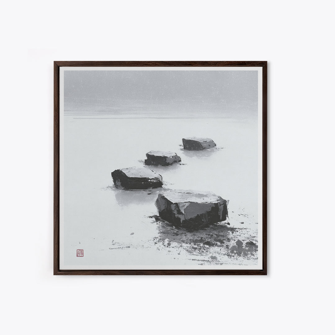 Minimal Zen Stepping Stones Wall Art, Black And White Japanese Canvas Print, Calming Wabi Sabi Decor For Home