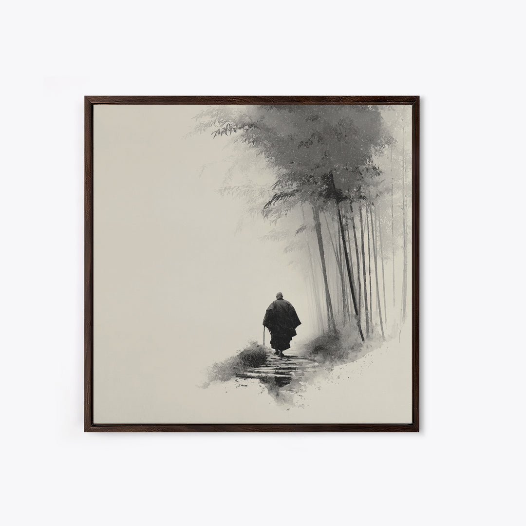 Minimalist Zen Monk Walking In Bamboo Fog Japanese Wall Art Black And White Print Japandi Decor Calming Wabi Sabi Artwork