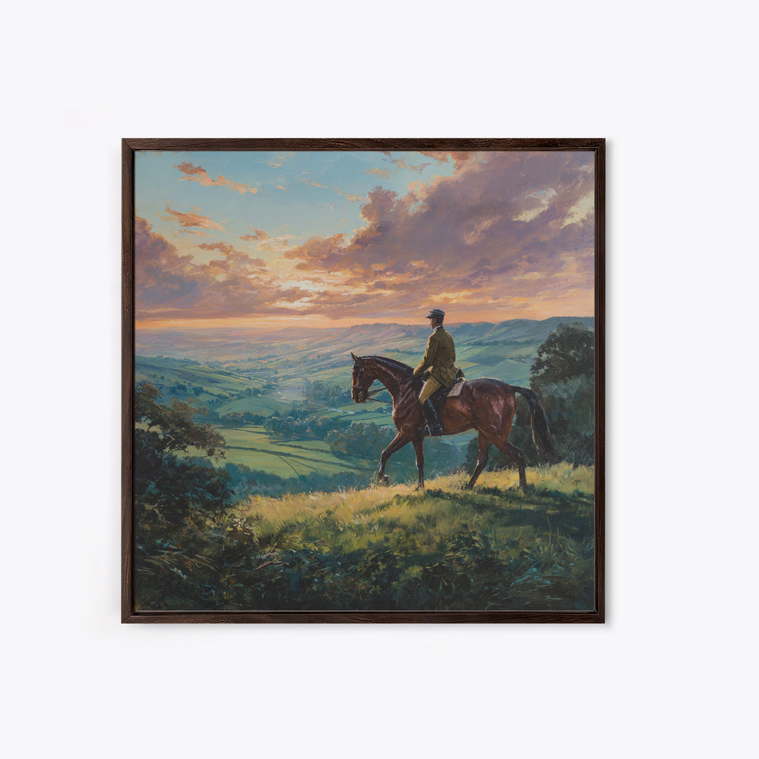 Equestrian Rider Over Rolling Countryside Wall Art, Sunset Landscape Painting, Horse Lover Decor, English Country Wall Art