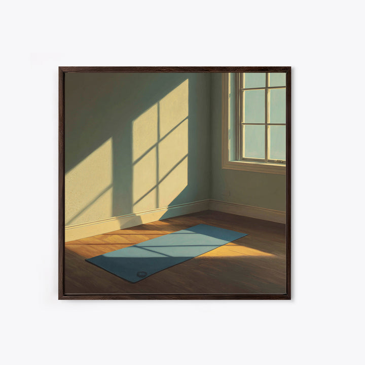 Minimal Sunlit Yoga Mat Wall Art, Serene Morning Light Framed Canvas Print, Mindful Home Decor, Zen Meditation Space
