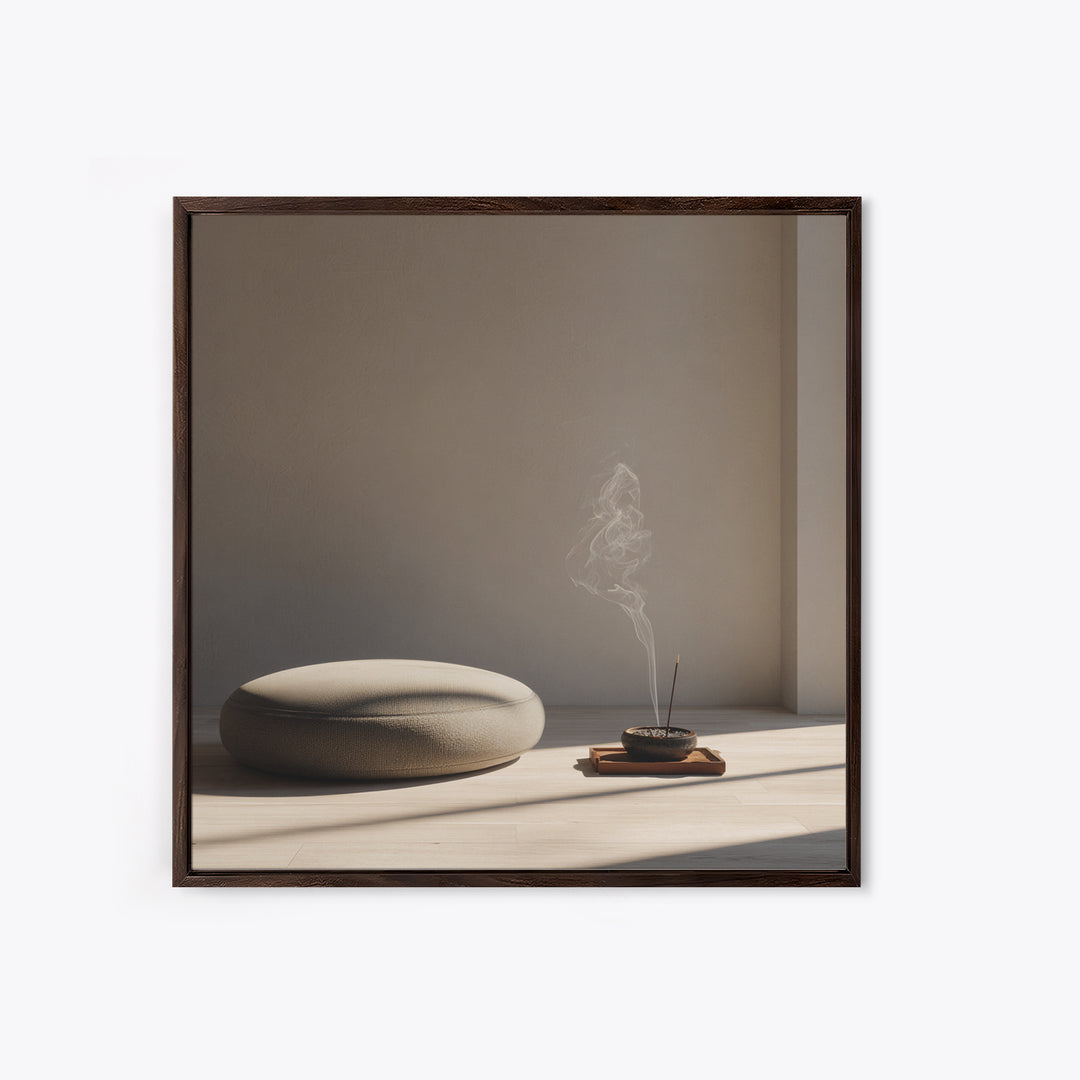 Minimalist Zen Meditation Corner Wall Art, Japandi Style Sunlit Room Photography Print, Calming Neutral Home Decor Bedroom Art