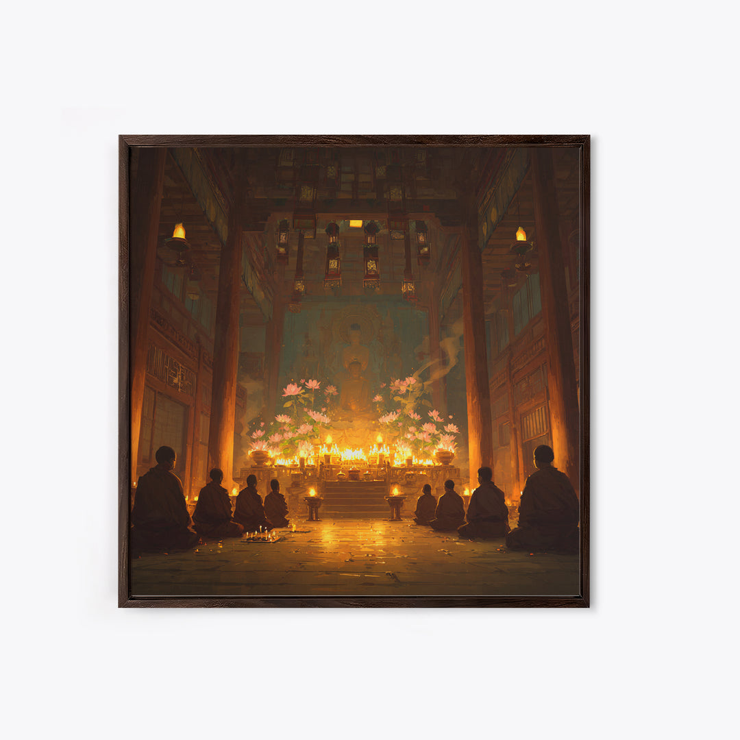 Golden Temple Meditation Wall Art, Monks And Candles Spiritual Print, Zen Decor, Calming Asian Inspired Artwork For Living Room Or Altar