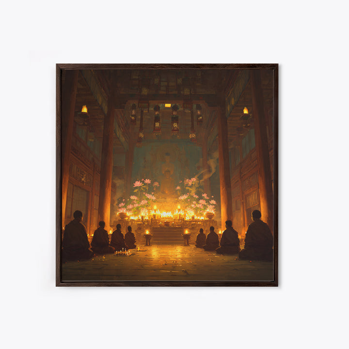 Golden Temple Meditation Wall Art, Monks And Candles Spiritual Print, Zen Decor, Calming Asian Inspired Artwork For Living Room Or Altar