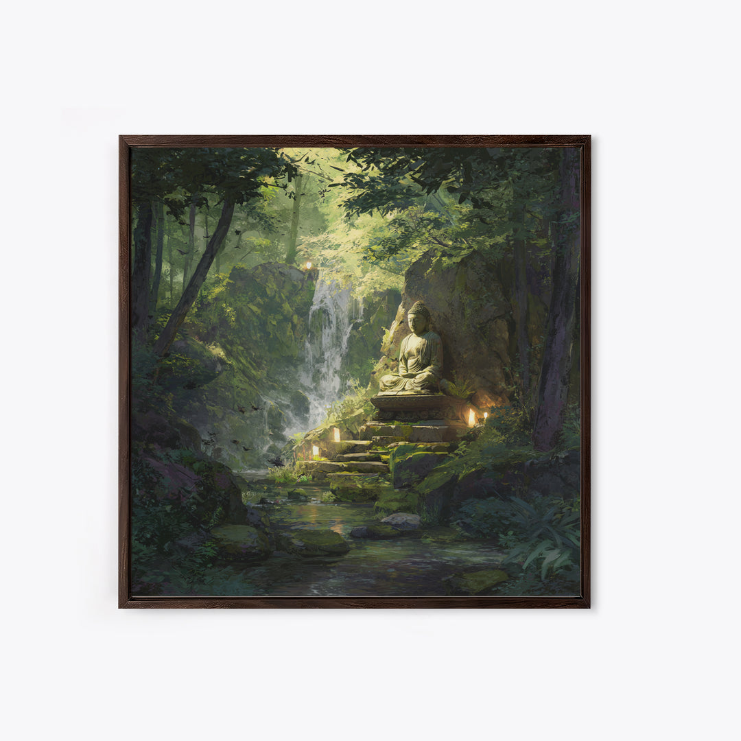 Zen Buddha By Forest Waterfall Wall Art, Tranquil Green Landscape Painting, Meditation Spiritual Decor, Calming Canvas Print