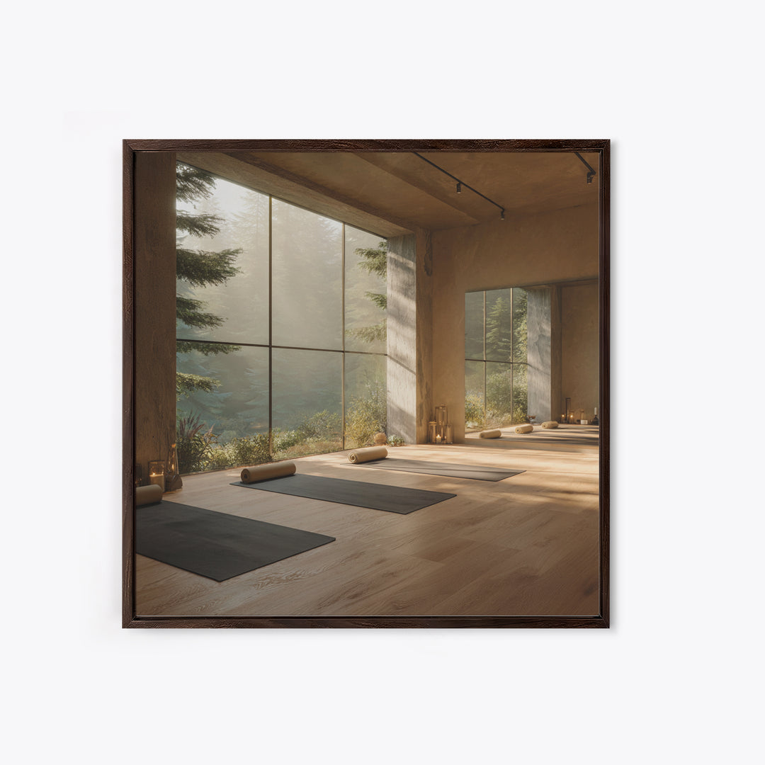 Zen Forest Yoga Studio Interior Wall Art, Serene Meditation Room Framed Canvas Print, Calming Minimalist Home Decor