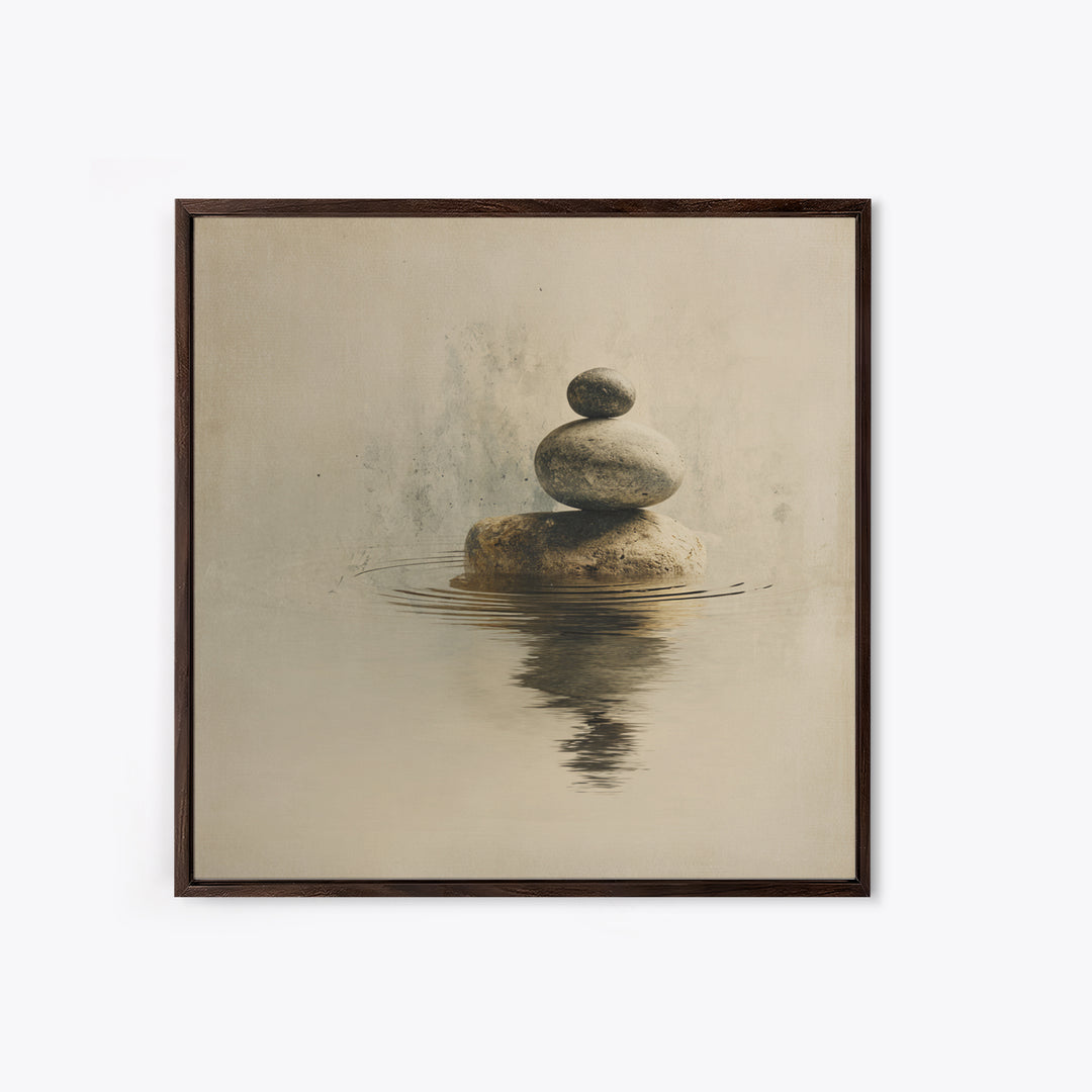 Minimal Zen Rock Stack In Still Water Wall Art, Neutral Japandi Canvas Print, Calming Wabi Sabi Decor For Modern Home