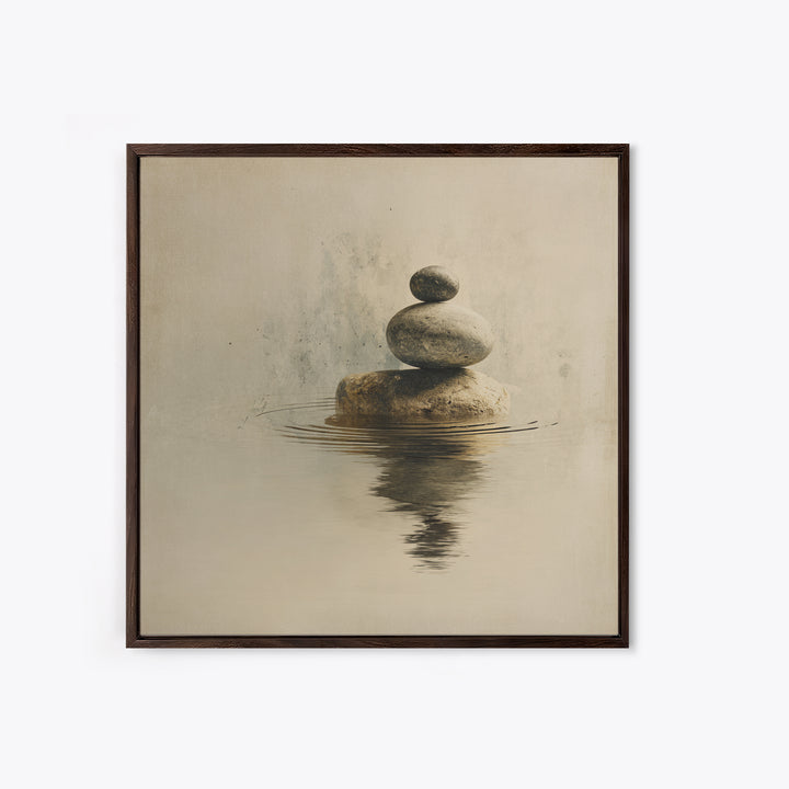 Minimal Zen Rock Stack In Still Water Wall Art, Neutral Japandi Canvas Print, Calming Wabi Sabi Decor For Modern Home