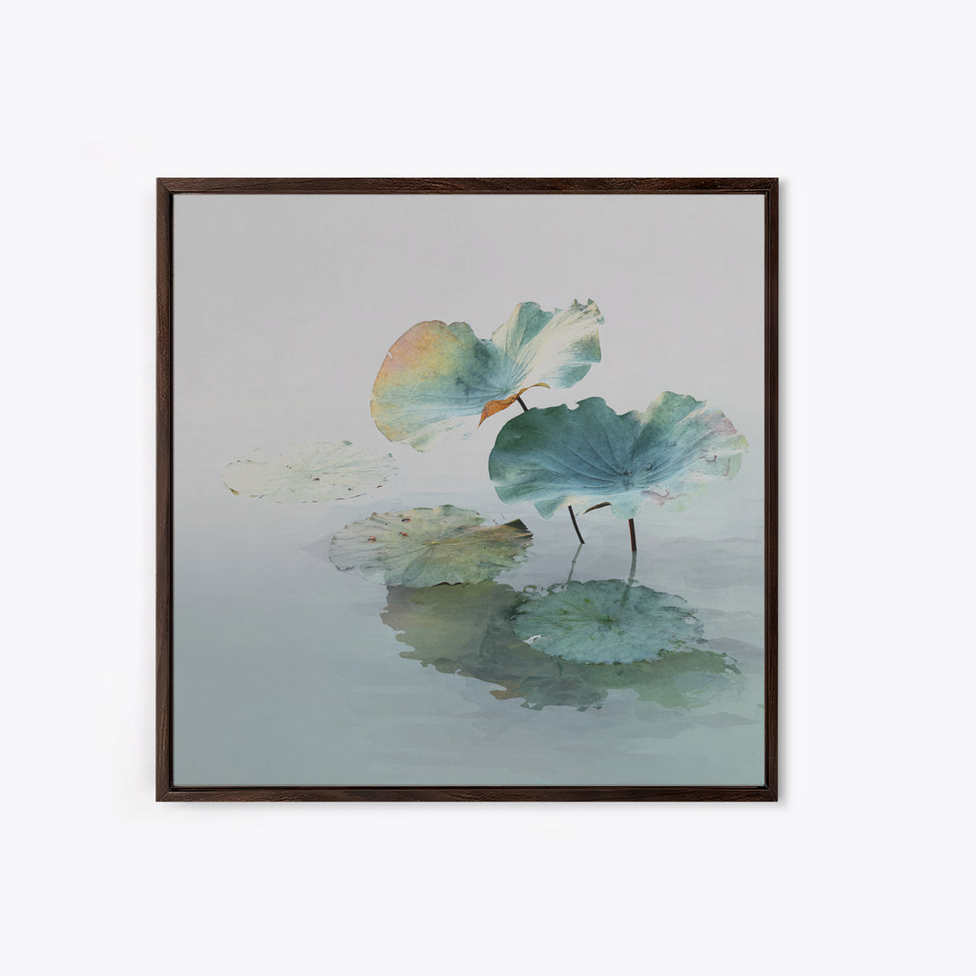 Minimalist Lotus Leaves Over Water Wall Art, Serene Zen Landscape Canvas Print, Japandi Neutral Home Decor