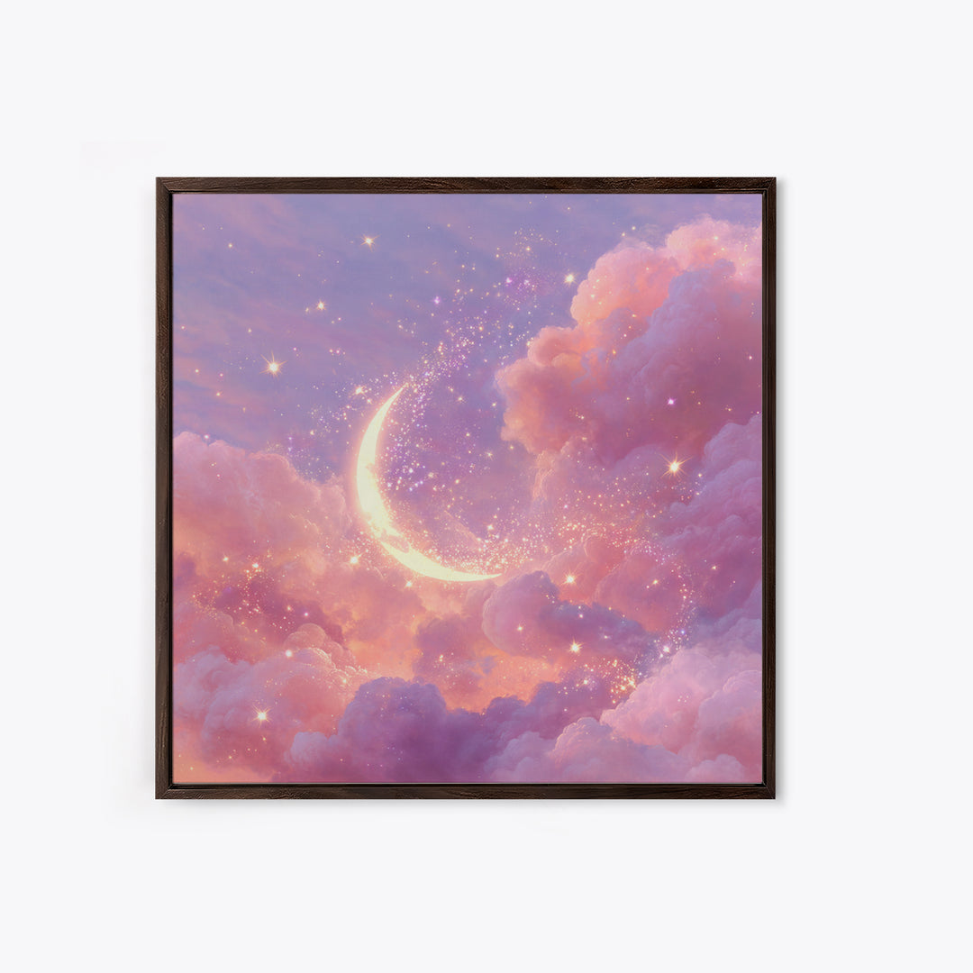 Glowing Crescent Moon In Pink Clouds Wall Art, Celestial Nursery Decor, Dreamy Space Art Print, Whimsical Bedroom Decor Gift