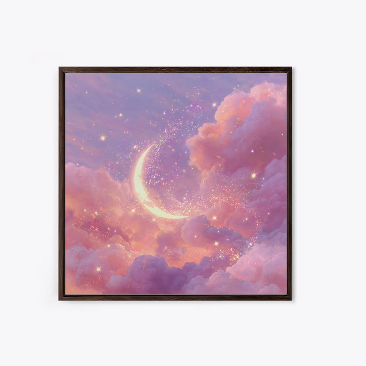 Glowing Crescent Moon In Pink Clouds Wall Art, Celestial Nursery Decor, Dreamy Space Art Print, Whimsical Bedroom Decor Gift