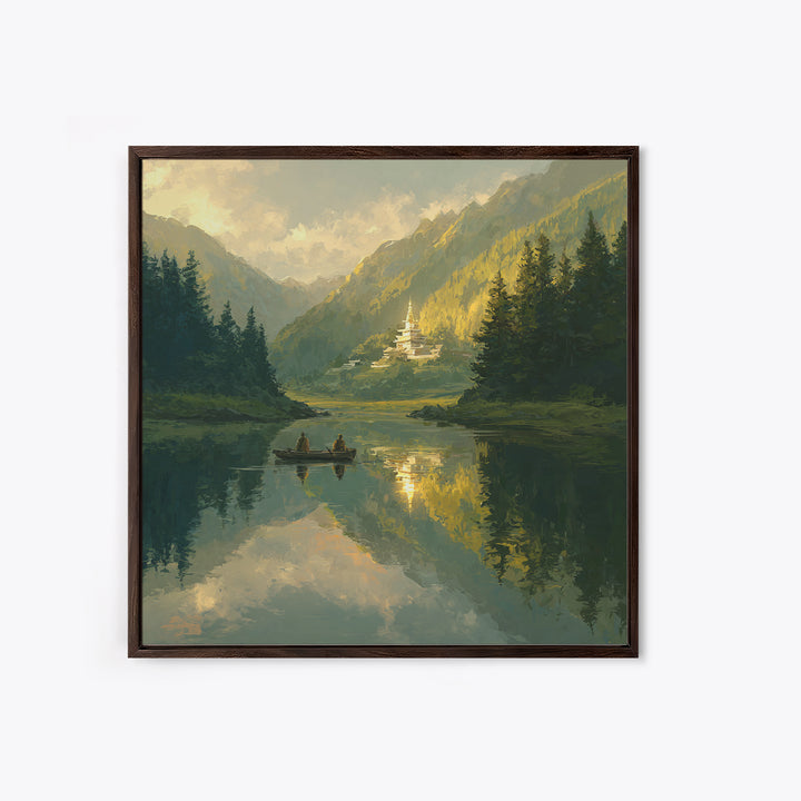 Misty Lake Temple Landscape Wall Art, Tranquil Boat Mountain Canvas Print, Serene Zen Nature Decor For Bedroom Or Living Room