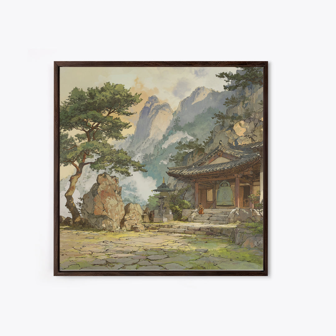 Japanese Landscape With Traditional Temple And Pine Trees Vintage Style Wall Art Framed Canvas Print