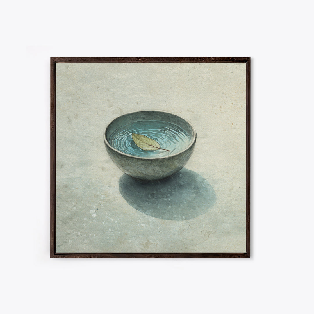 Minimal Tea Bowl With Floating Leaf Watercolor Wall Art, Wabi Sabi Zen Canvas Print, Serene Japanese Inspired Decor