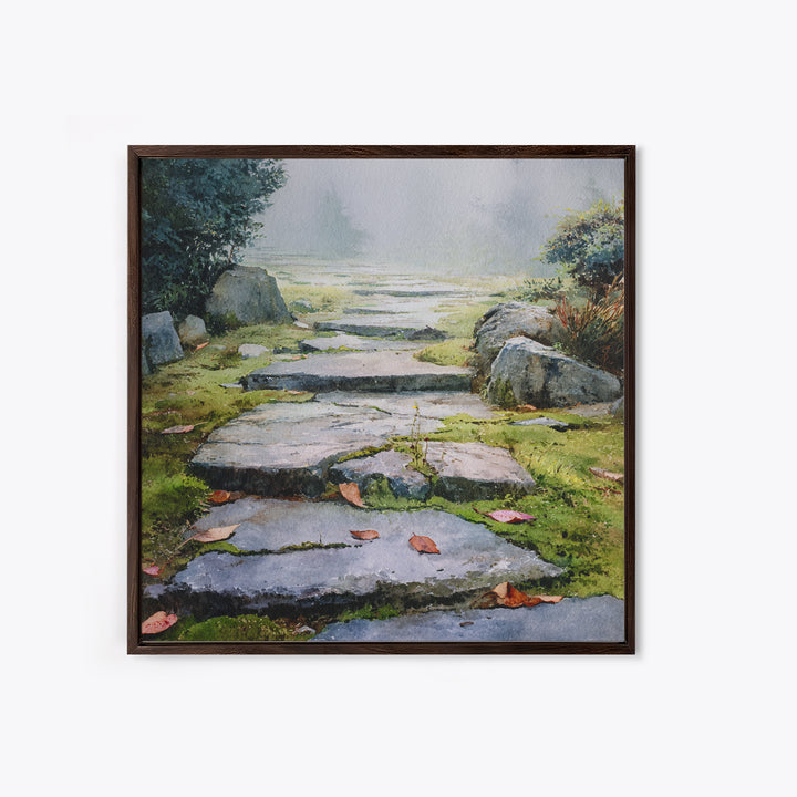 Misty Stone Garden Path Watercolor Wall Art, Serene Landscape Painting, Zen Home Decor, Wabi Sabi Neutral Canvas Print