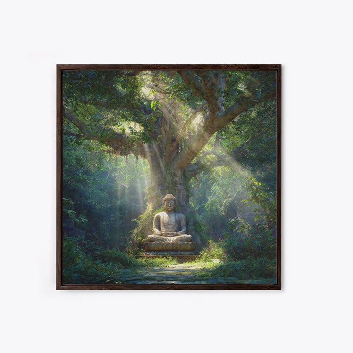 Serene Forest Buddha Statue Under Sacred Tree Wall Art Spiritual Nature Canvas Print Zen Meditation Room Decor Calming Artwork