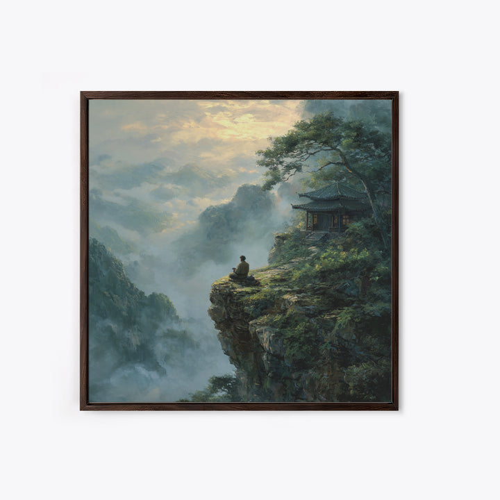 Zen Monk On Mountain Cliff Landscape Wall Art, Meditative Nature Canvas Print, Japanese Style Calming Home Decor