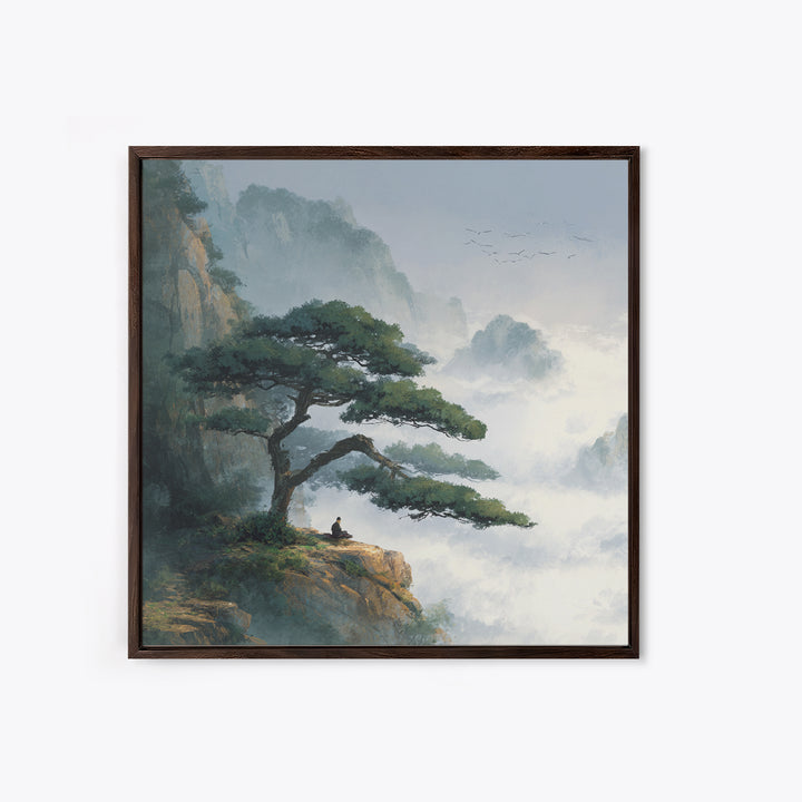 Zen Mountain Meditation Landscape Wall Art, Serene Nature Painting, Calming Japandi Style Canvas Print For Home Decor