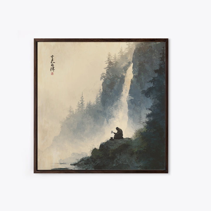 Meditating Monk By Waterfall Landscape Wall Art, Tranquil Zen Mountain Print, Japanese Inspired Nature Canvas Print