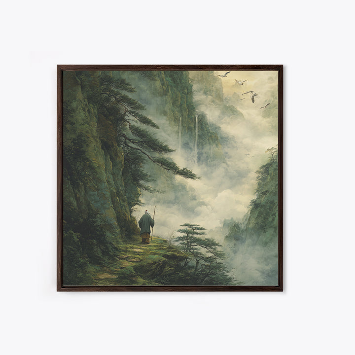 Misty Mountain Path Wanderer Wall Art, Tranquil Fantasy Landscape Painting Print, Zen Nature Home Decor Canvas Print