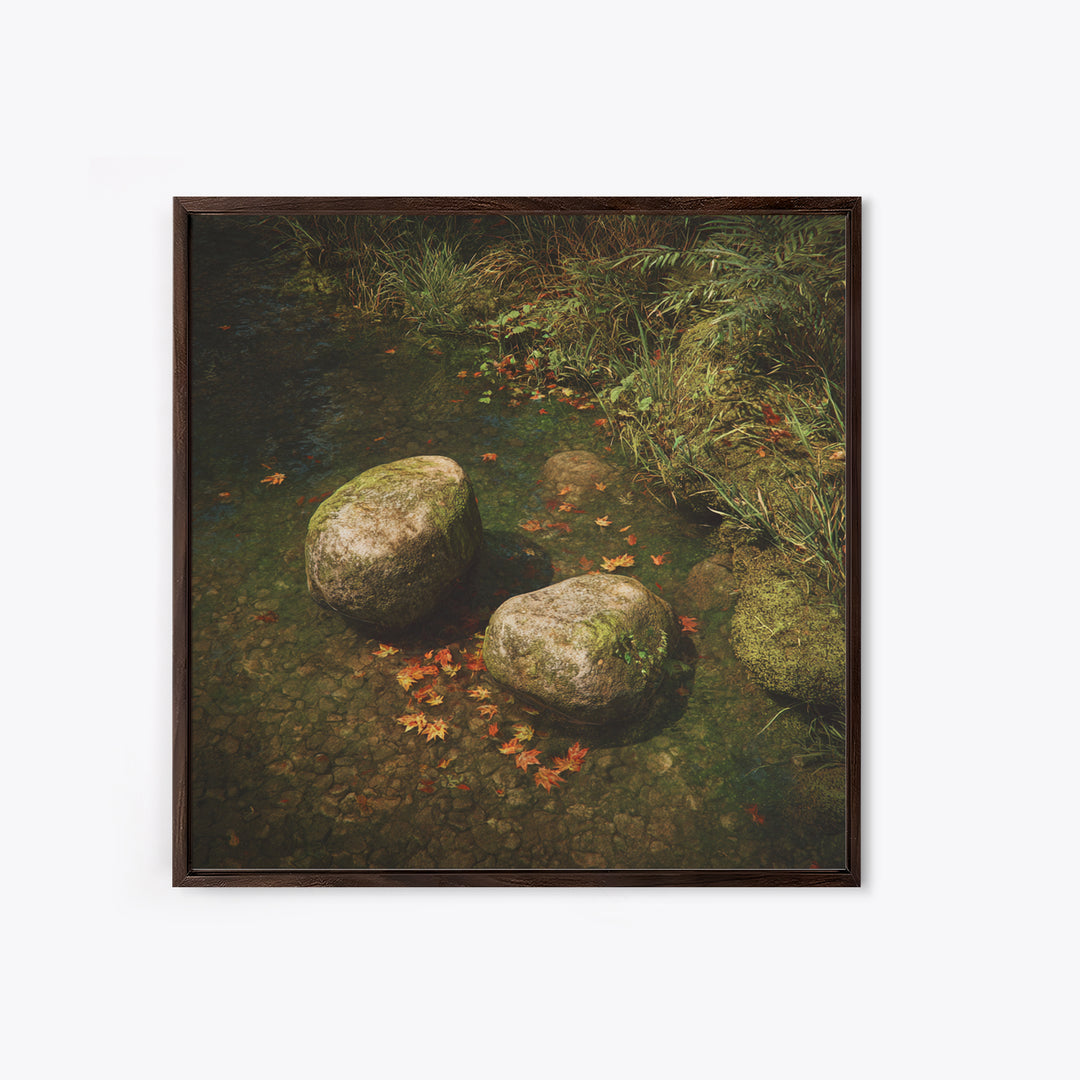 Zen River Stones With Autumn Leaves Wall Art, Tranquil Nature Landscape Canvas Print, Minimalist Forest Creek Decor For Spa Or Bedroom