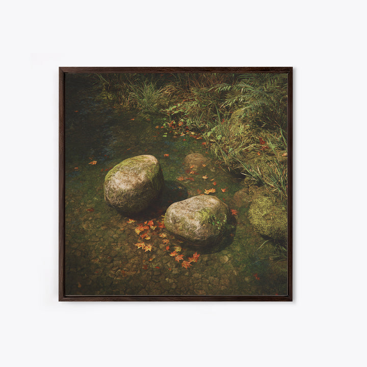 Zen River Stones With Autumn Leaves Wall Art, Tranquil Nature Landscape Canvas Print, Minimalist Forest Creek Decor For Spa Or Bedroom