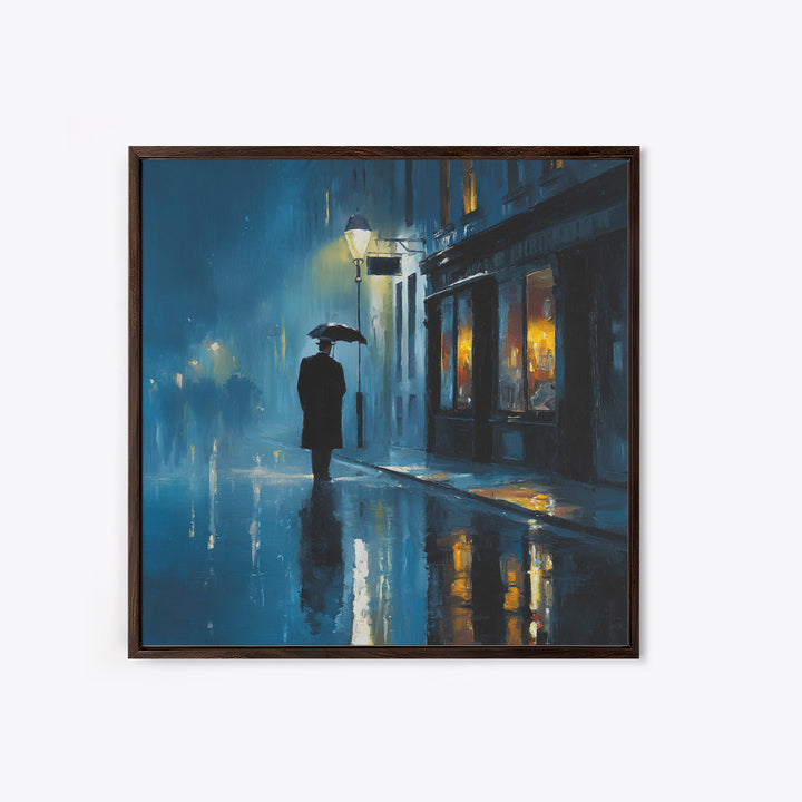 Rainy Blue City Street With Umbrella Canvas Print, Moody Urban Wall Art, Paris Cafe Decor, Romantic Bedroom Living Room Decor