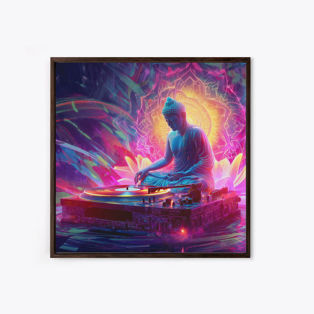 Meditative Buddha DJ Neon Wall Art Canvas Print, Psychedelic Spiritual Music Poster For Gaming Room And Modern Decor